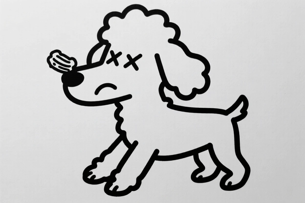 A poodle balancing a treat on its nose, eyes crossed in concentration.
