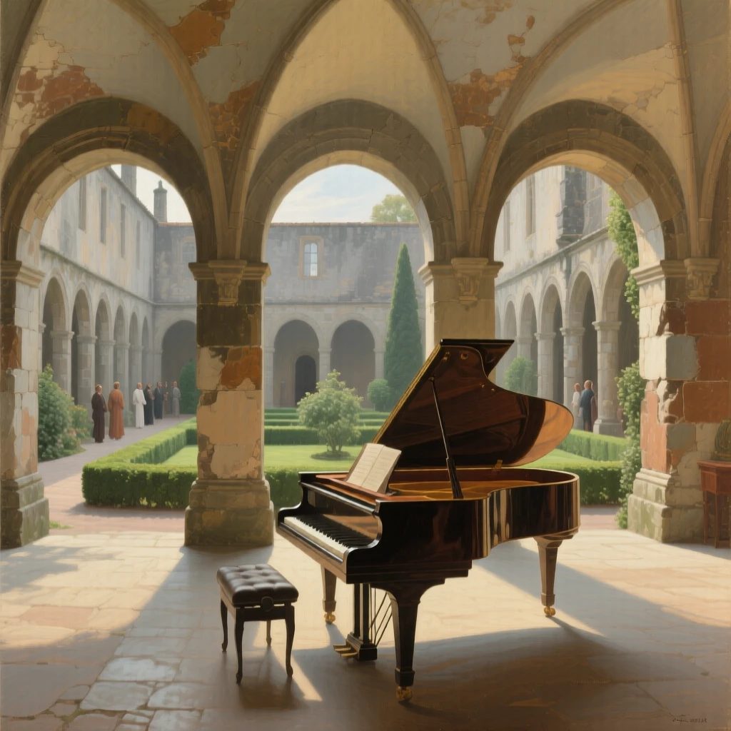 A monastery cloister with weathered stone arches and a central garden awaiting the arrival of guests soon to fill its halls, set within a private estate untouched by passing time, with a single grand piano standing beneath a shaft of window light; warm interior light contrasts with cool light spilling in from outside, radiating history, refinement, and permanence.
