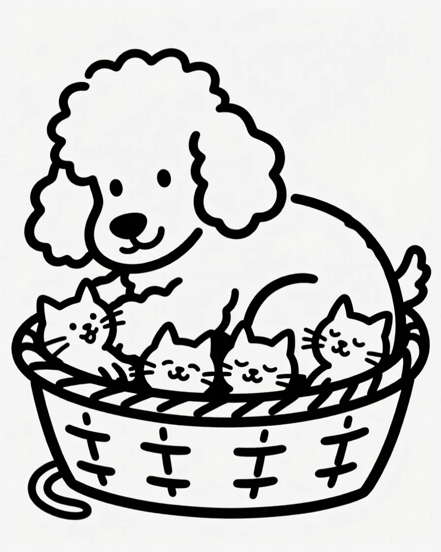 A poodle cuddled up with a litter of tiny kittens or puppies in a basket.