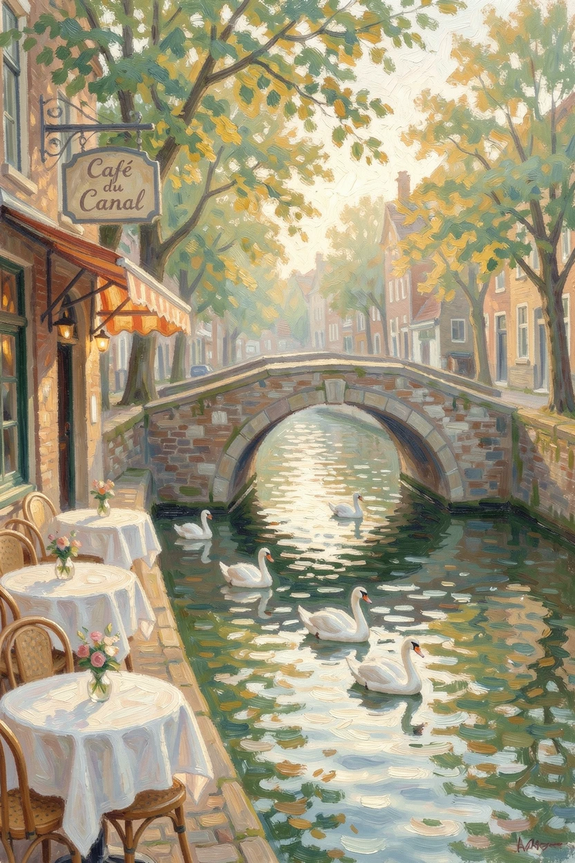 A quiet canal-side café in Bruges, swans gliding past beneath a medieval stone bridge.