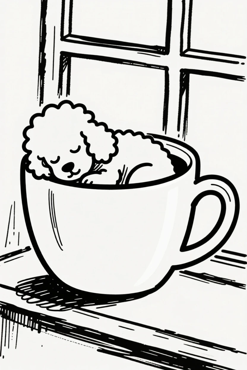 A poodle curled up asleep inside a giant coffee mug on a windowsill.