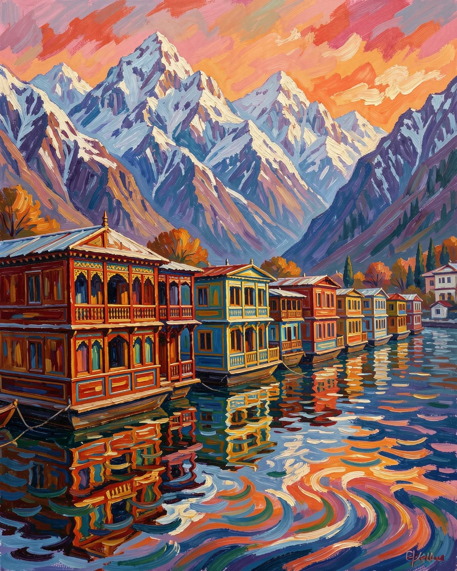 A row of houseboats on a canal in Kashmir framed by snow-capped mountains.