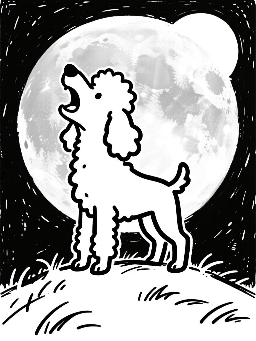 A poodle howling at a full moon from atop a grassy hill.