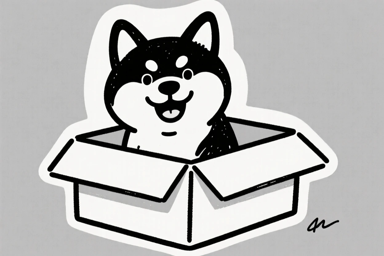 A shiba inu sitting inside a cardboard box that is clearly too small.