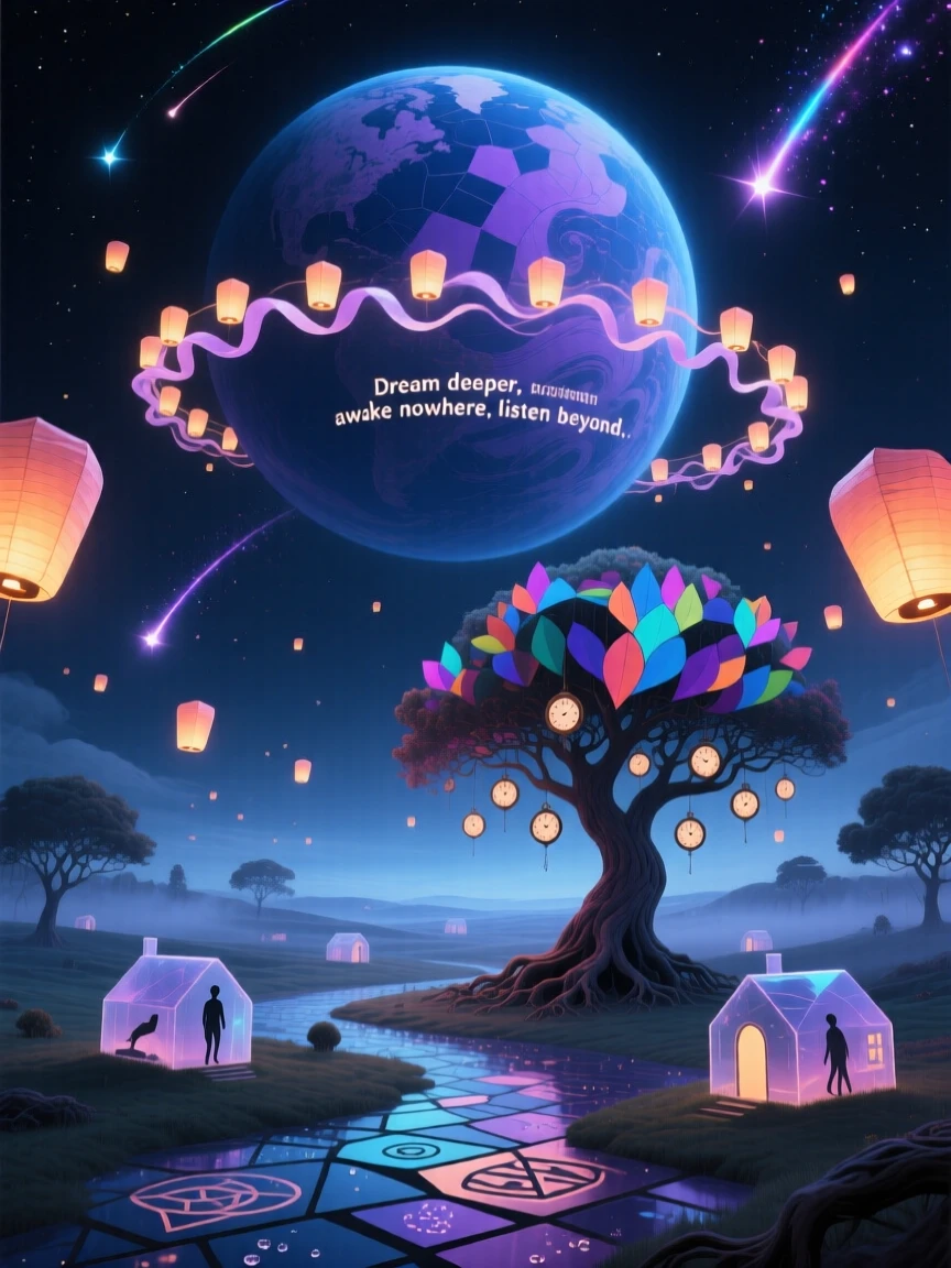 A planet with rings made of drifting paper lanterns hangs silently over a sleeping world below, as shooting stars trace slow arcs across the darkness.