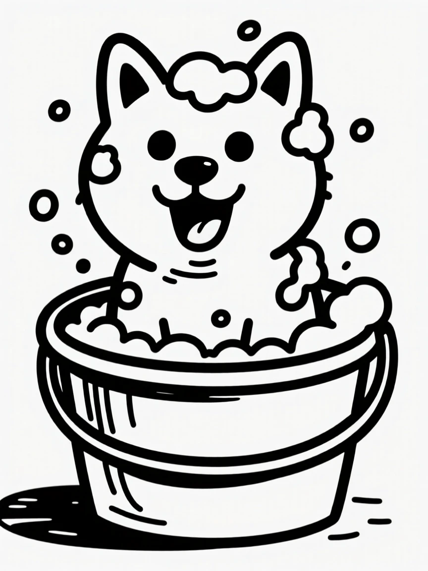 A shiba inu getting a bath in a bucket, covered in soap bubbles.