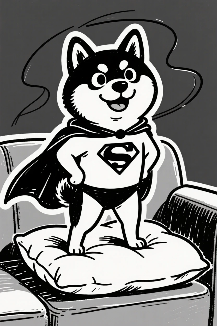 A shiba inu dressed in a superhero cape, standing heroically on a couch cushion.