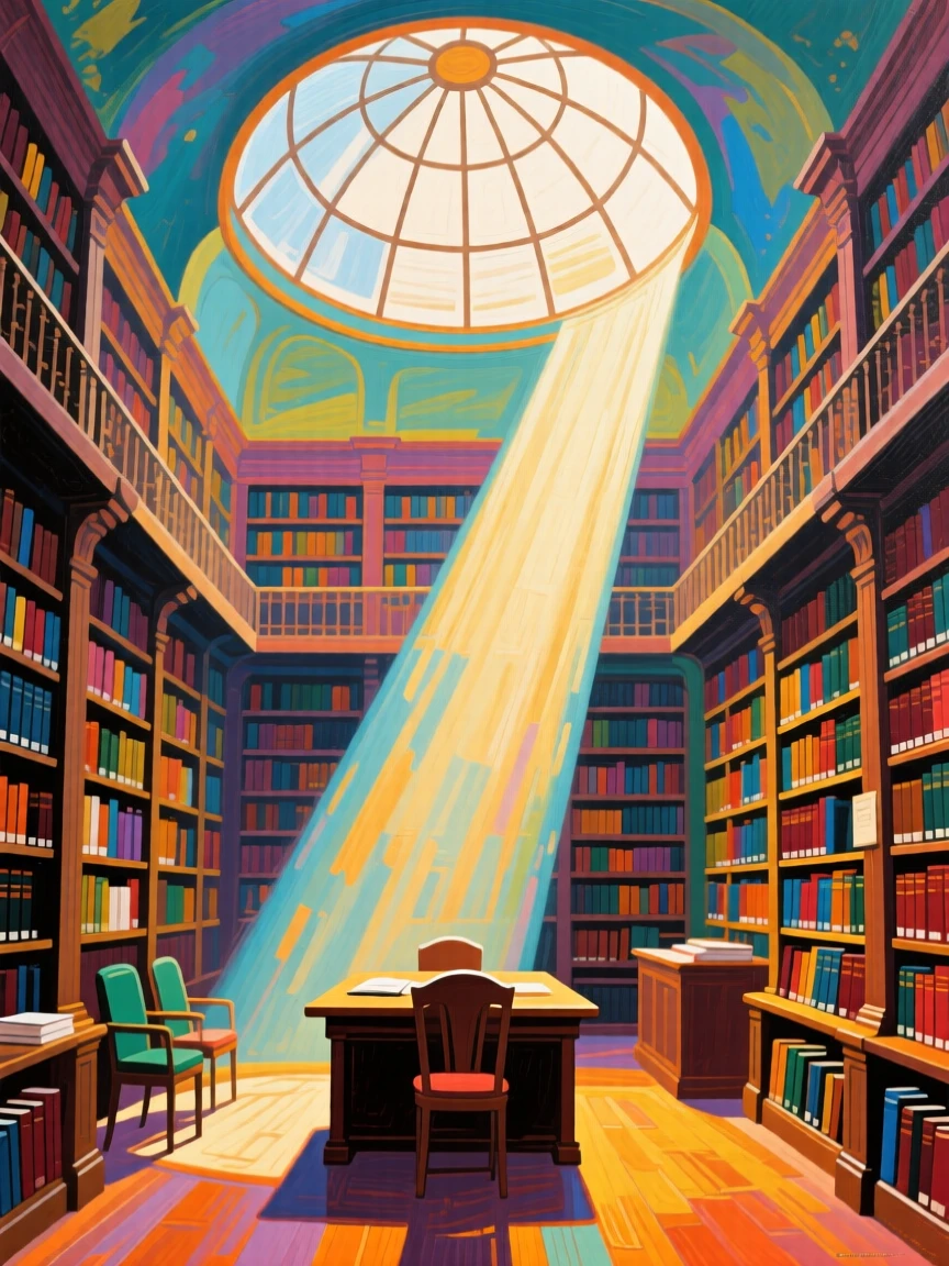 A quiet library reading room with towering bookshelves and a shaft of light through a domed skylight
