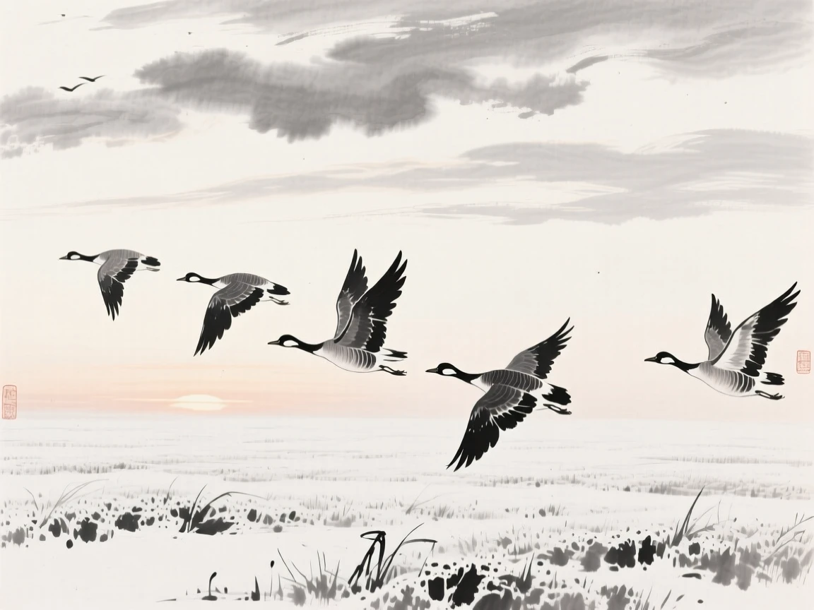Wild geese take flight from a frost-covered field at dawn, beneath a sky filled with drifting clouds.