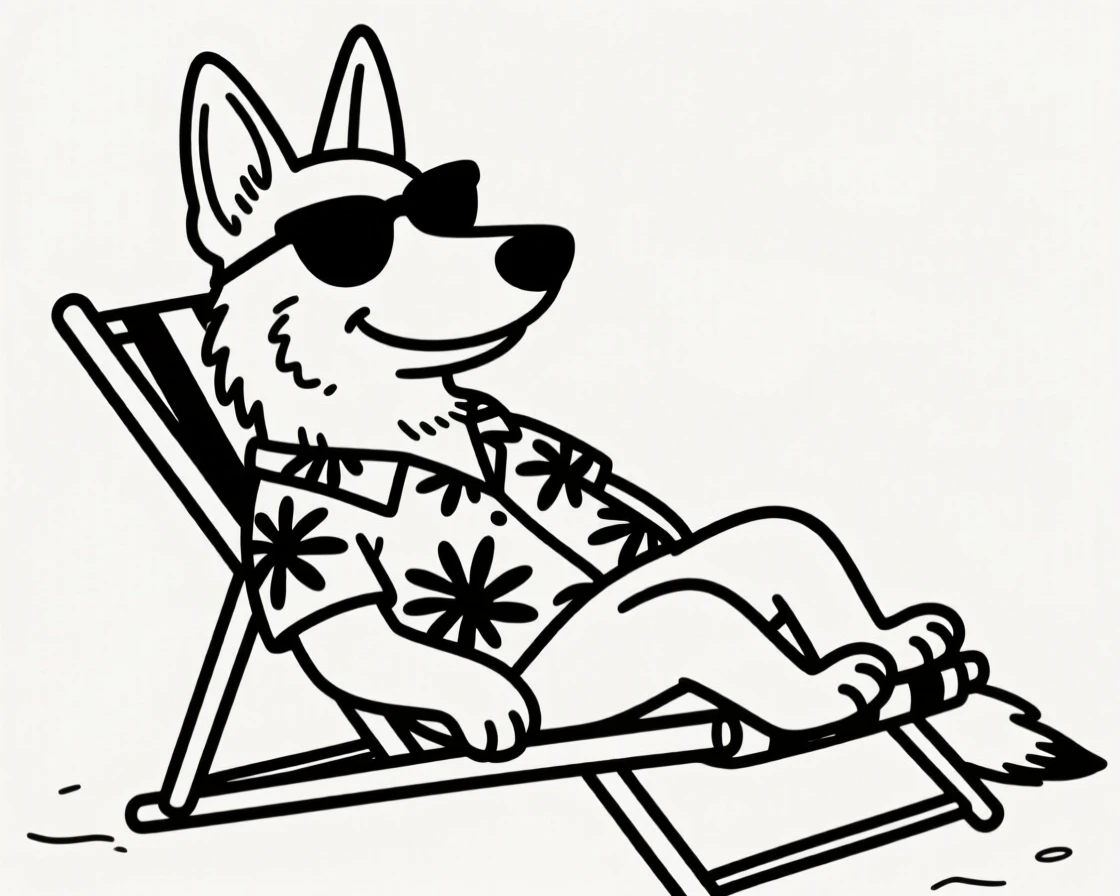 A german shepherd wearing sunglasses and a Hawaiian shirt, lounging in a mini beach chair.