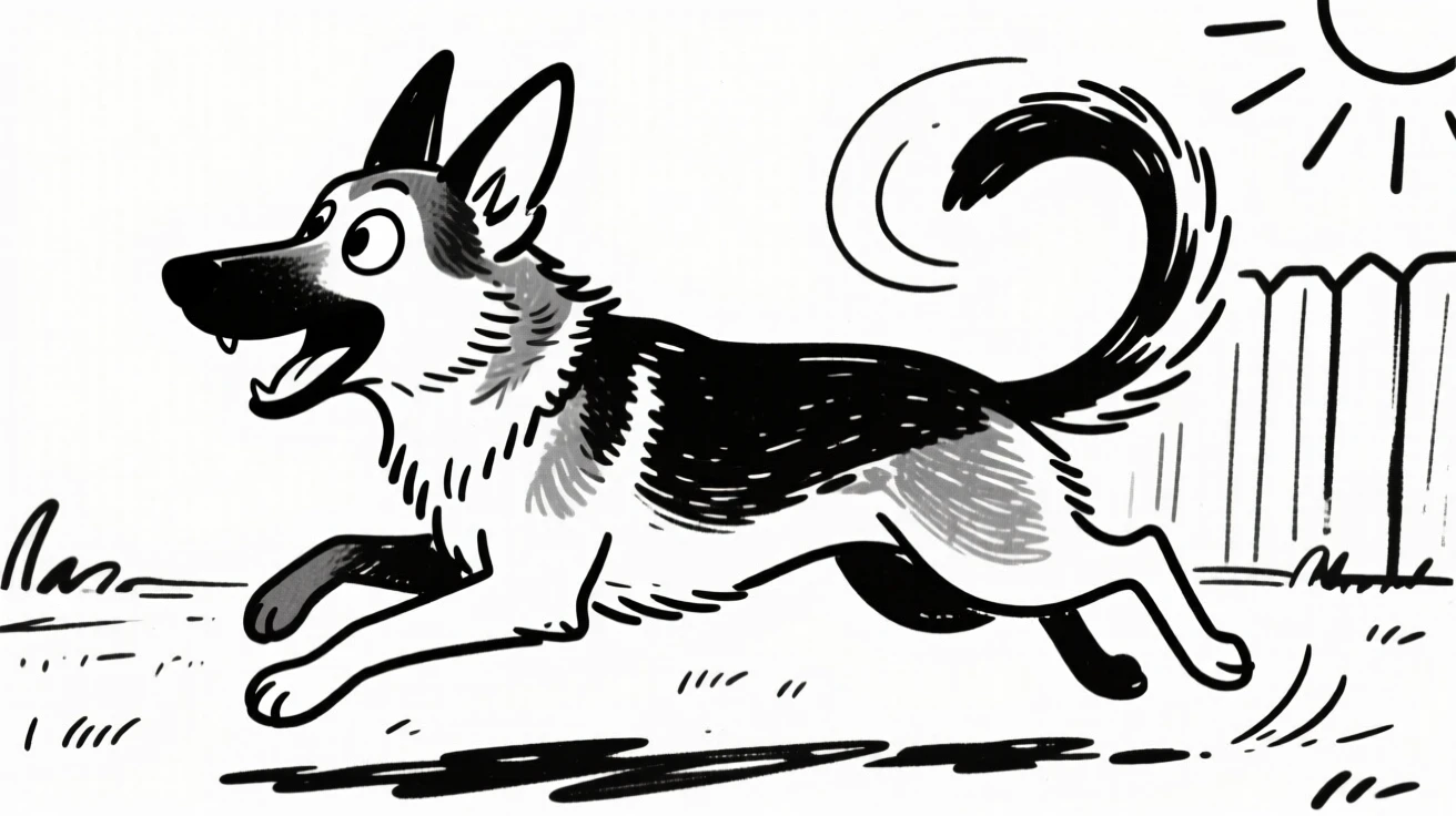 A german shepherd chasing its own tail in a sunny backyard, ears flopping mid-spin.