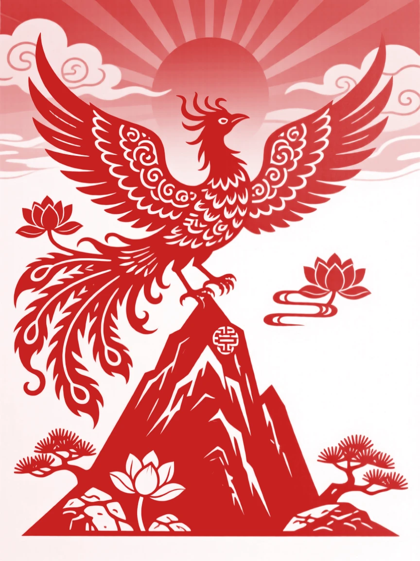 A phoenix rising from flames above a mountain peak, wings spread wide against a fiery sunset sky