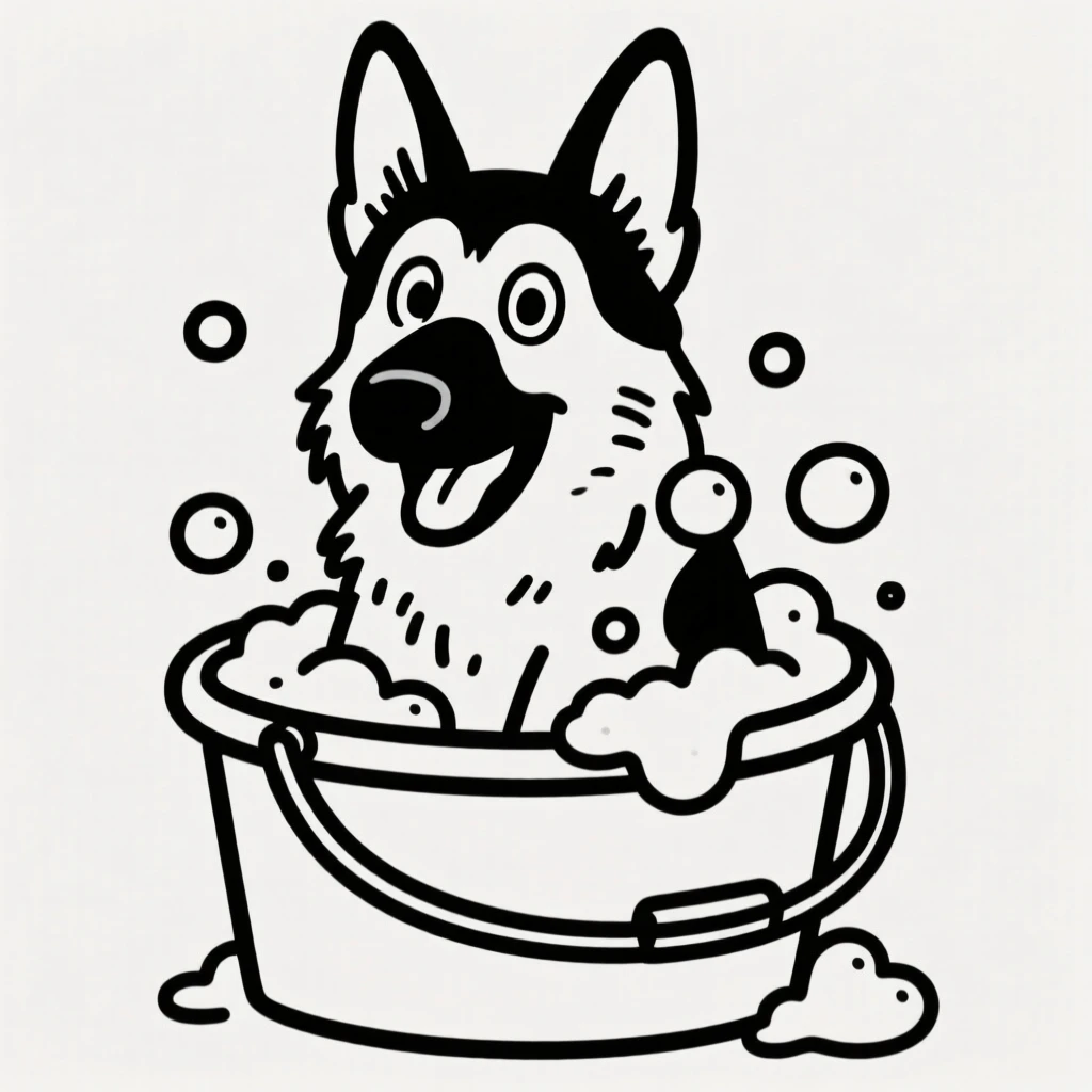 A german shepherd getting a bath in a bucket, covered in soap bubbles.