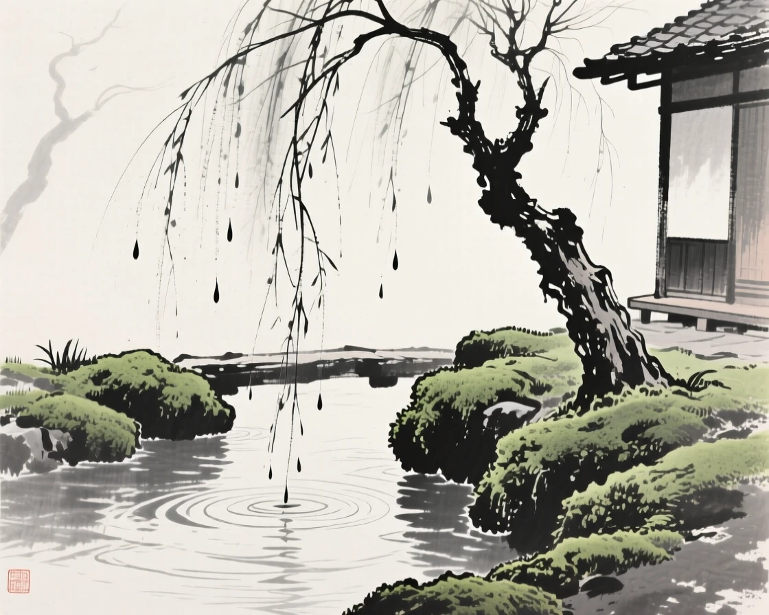 A weeping willow beside a stream at the edge of a moss-covered courtyard, rendered in close, intimate detail, celebrating the fleeting beauty of the season.