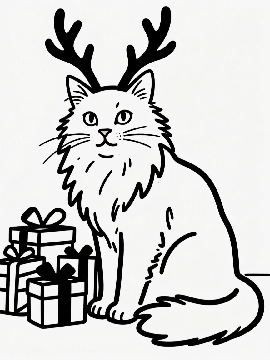 A maine coon cat wearing reindeer antlers, sitting beside wrapped holiday gifts.