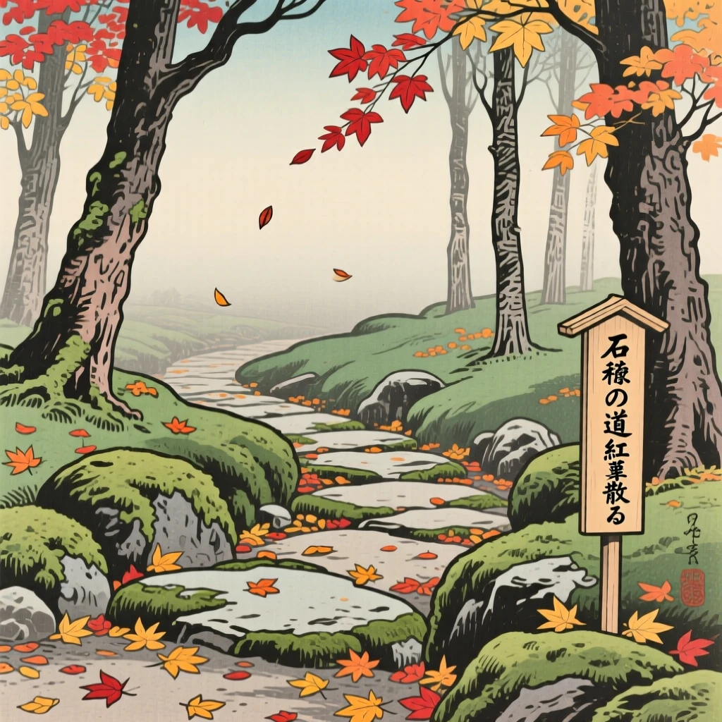A moss-covered stone path, surrounded by drifting autumn leaves.