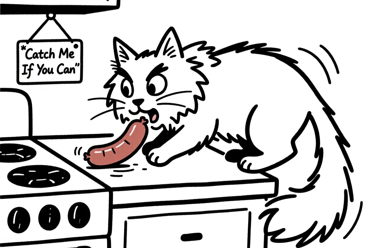 A maine coon cat stealing a sausage off a kitchen counter, caught in the act.