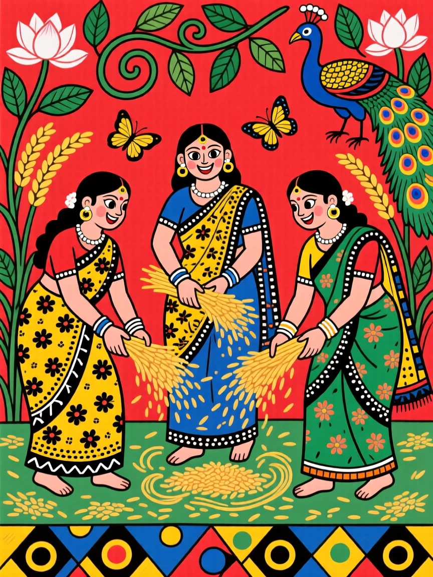 Women threshing rice together, laughing as husks scatter in the breeze.