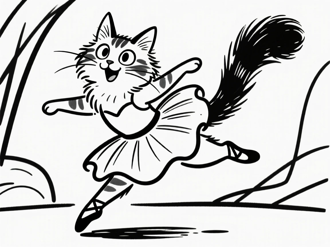 A maine coon cat wearing a tutu, mid-leap as if dancing ballet.