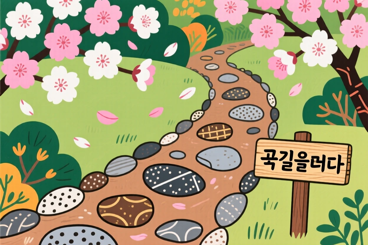 Cherry blossoms drifting on the wind along a garden path lined with stones.