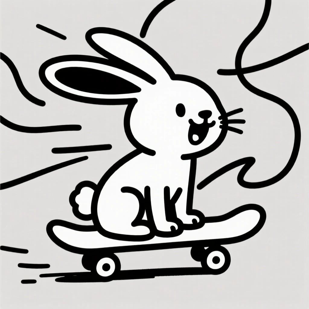 A bunny rabbit sitting on a skateboard mid-roll, ears flying back.