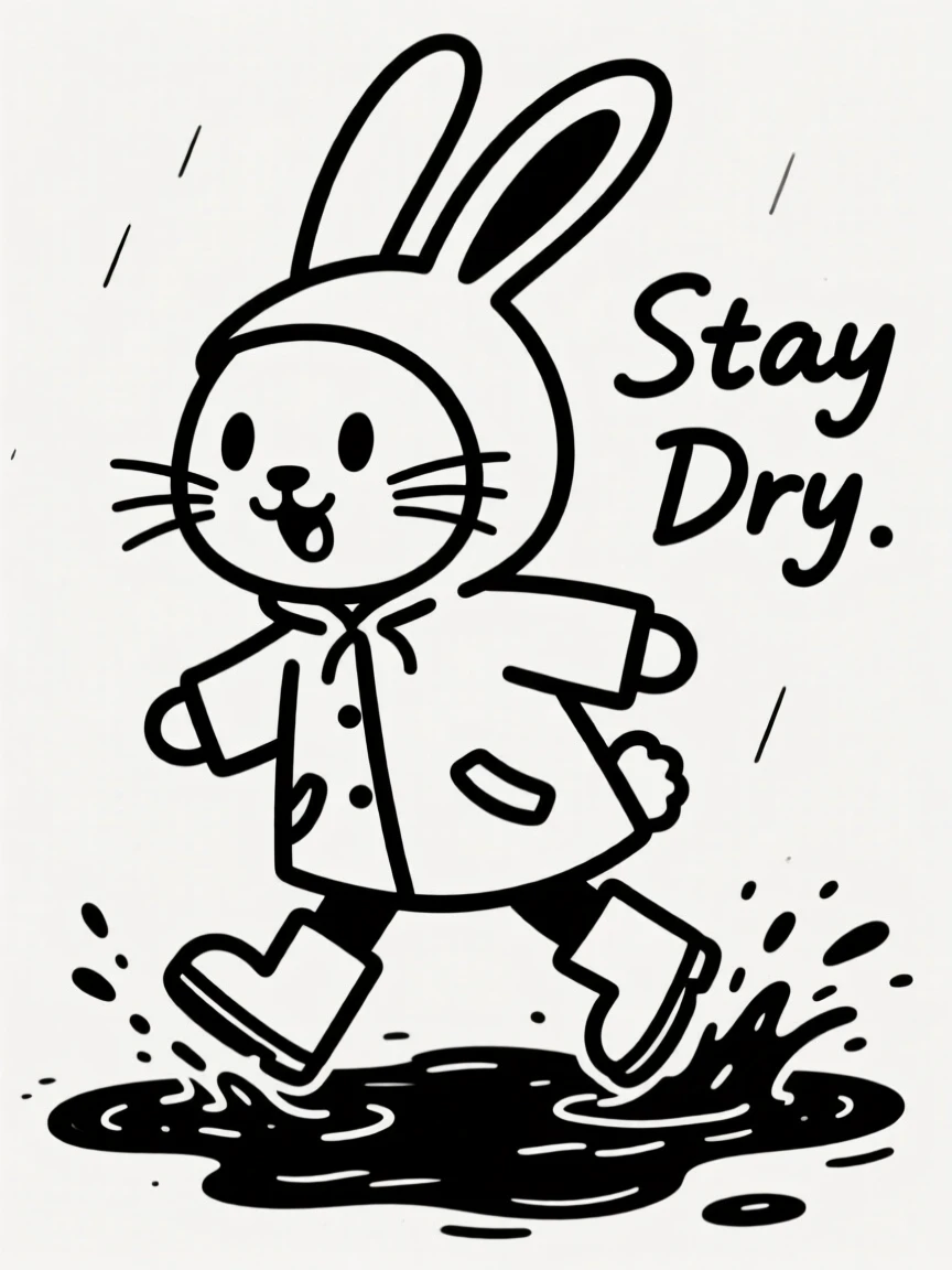A bunny rabbit wearing a raincoat and tiny boots, splashing through a puddle.