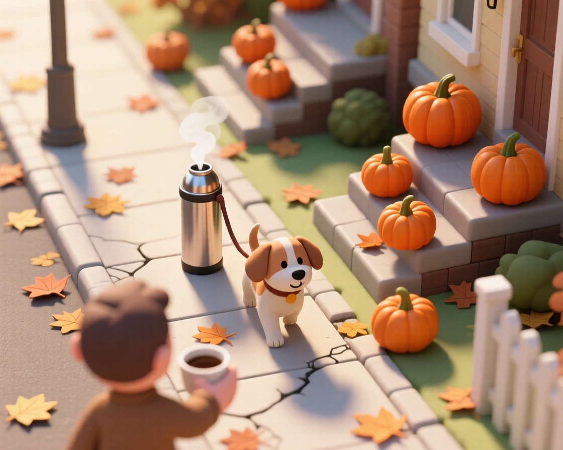 A morning dog walk through a quiet neighborhood, autumn leaves crunching underfoot, a thermos of coffee in hand, and porch pumpkins lining the path.