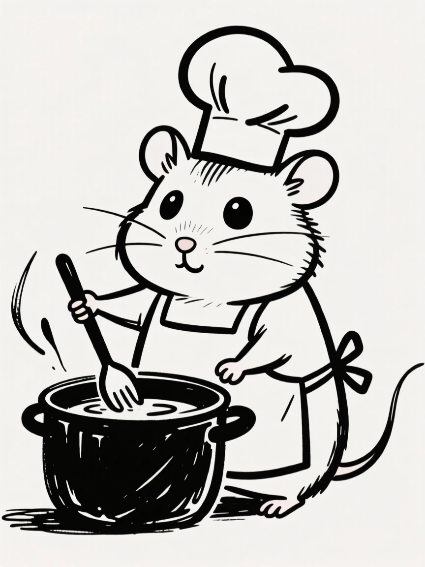 A hamster dressed as a tiny chef with an apron and hat, stirring a pot.