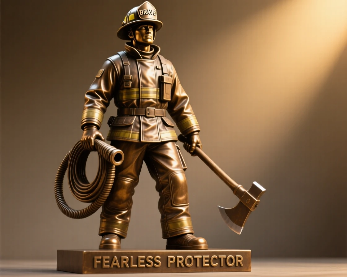 A fearless firefighter, bathed in warm, golden light, forming a strong central focal point
