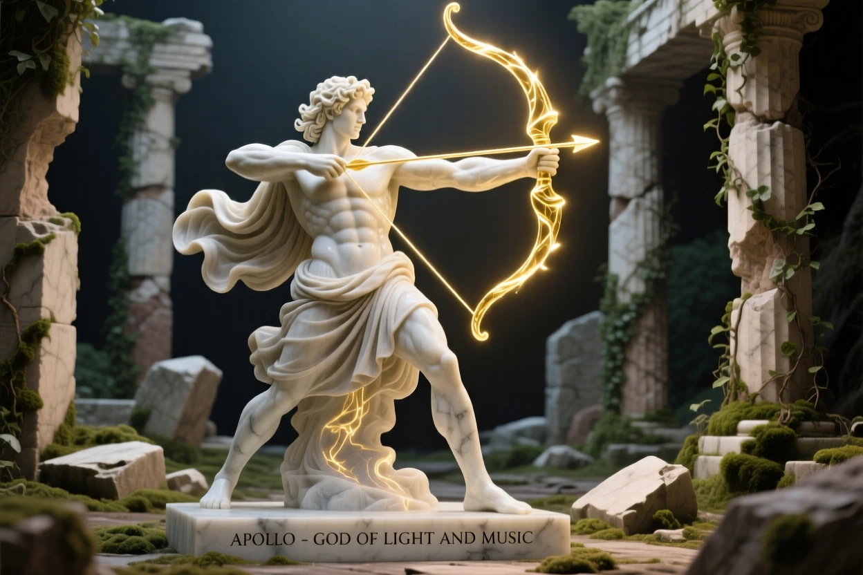 An epic scene of Apollo drawing back a golden bow of light, amid ancient ruins reclaimed by nature, evoking myth and grandeur
