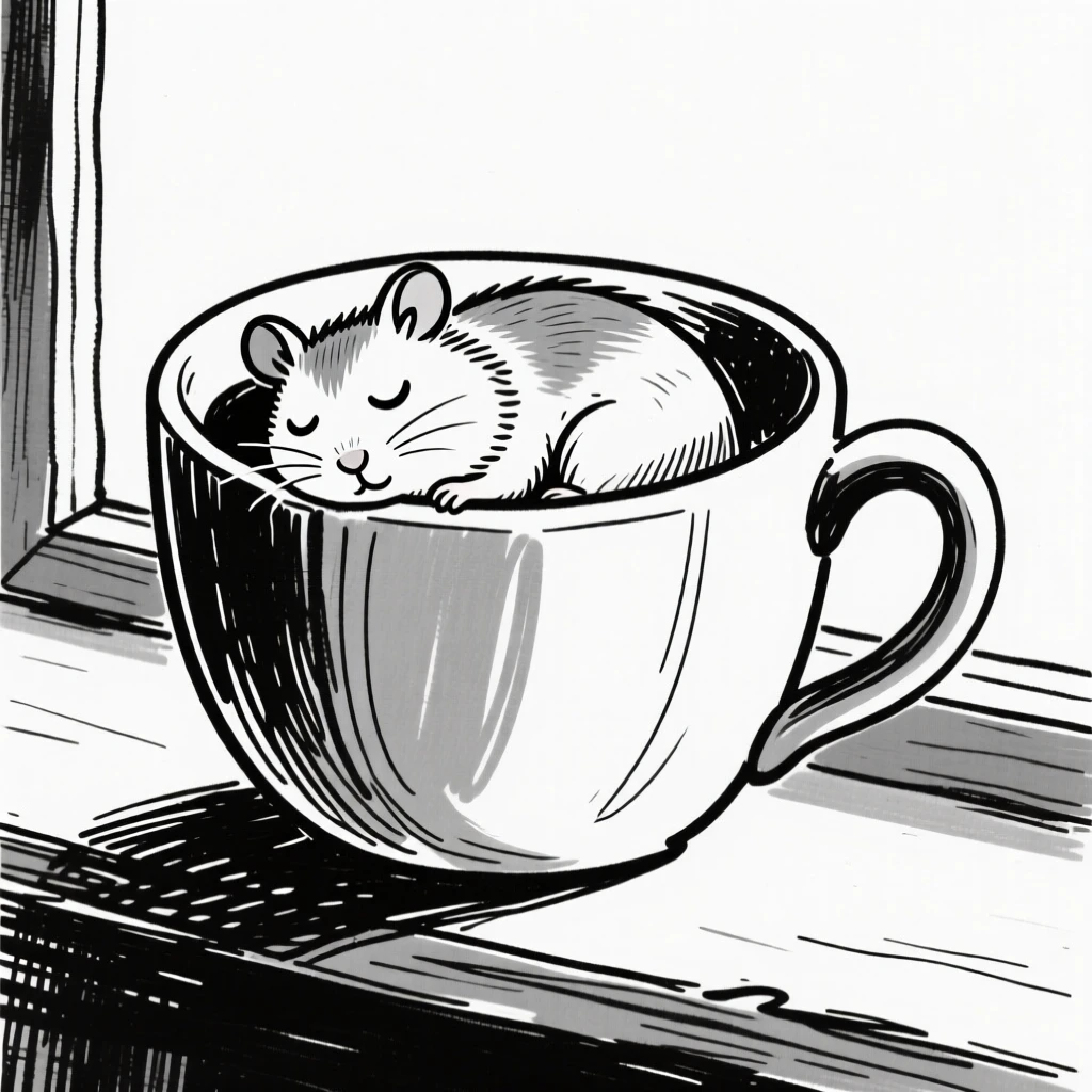 A hamster curled up asleep inside a giant coffee mug on a windowsill.