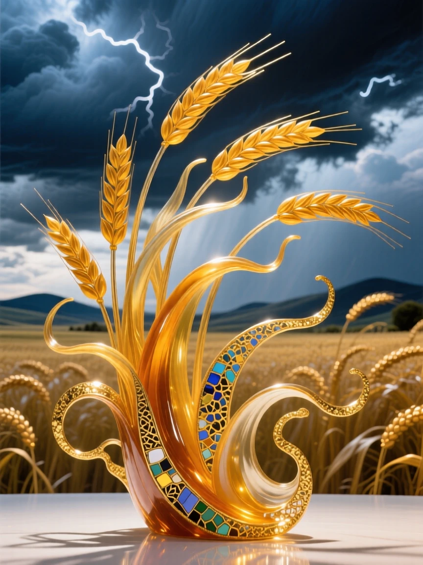 A field of golden wheat swaying beneath a dramatic sky before a storm, dynamic and rich.