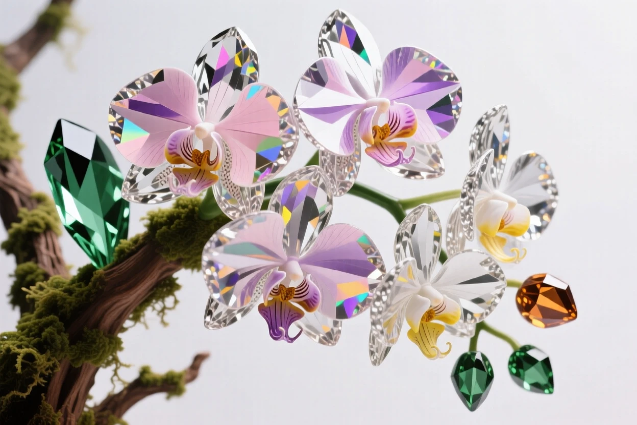 A cluster of orchids cascading from a moss-covered tree branch in a misty rainforest.