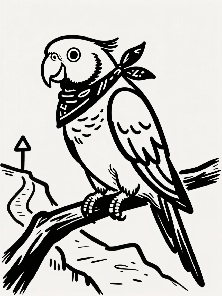 A parakeet wearing a bandana, sitting proudly on a hiking trail overlook.