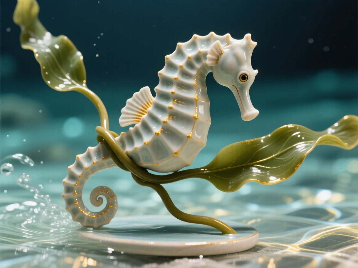 A curled seahorse clinging to a strand of kelp captured mid-glide through crystal waters, with sunlight filtering down in golden shafts, radiating playful, gentle joy.