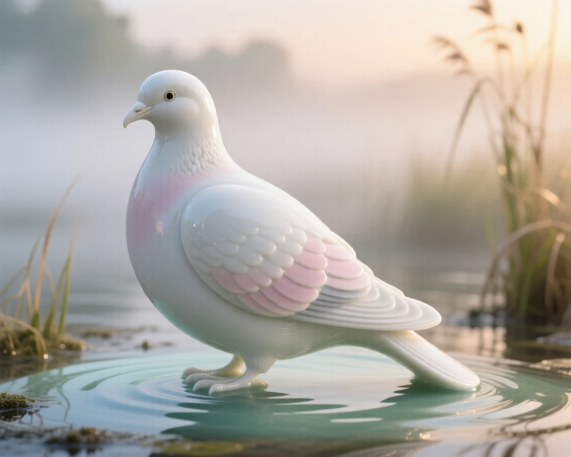A elegant dove in a misty wetland at dawn, preening delicately in golden light.