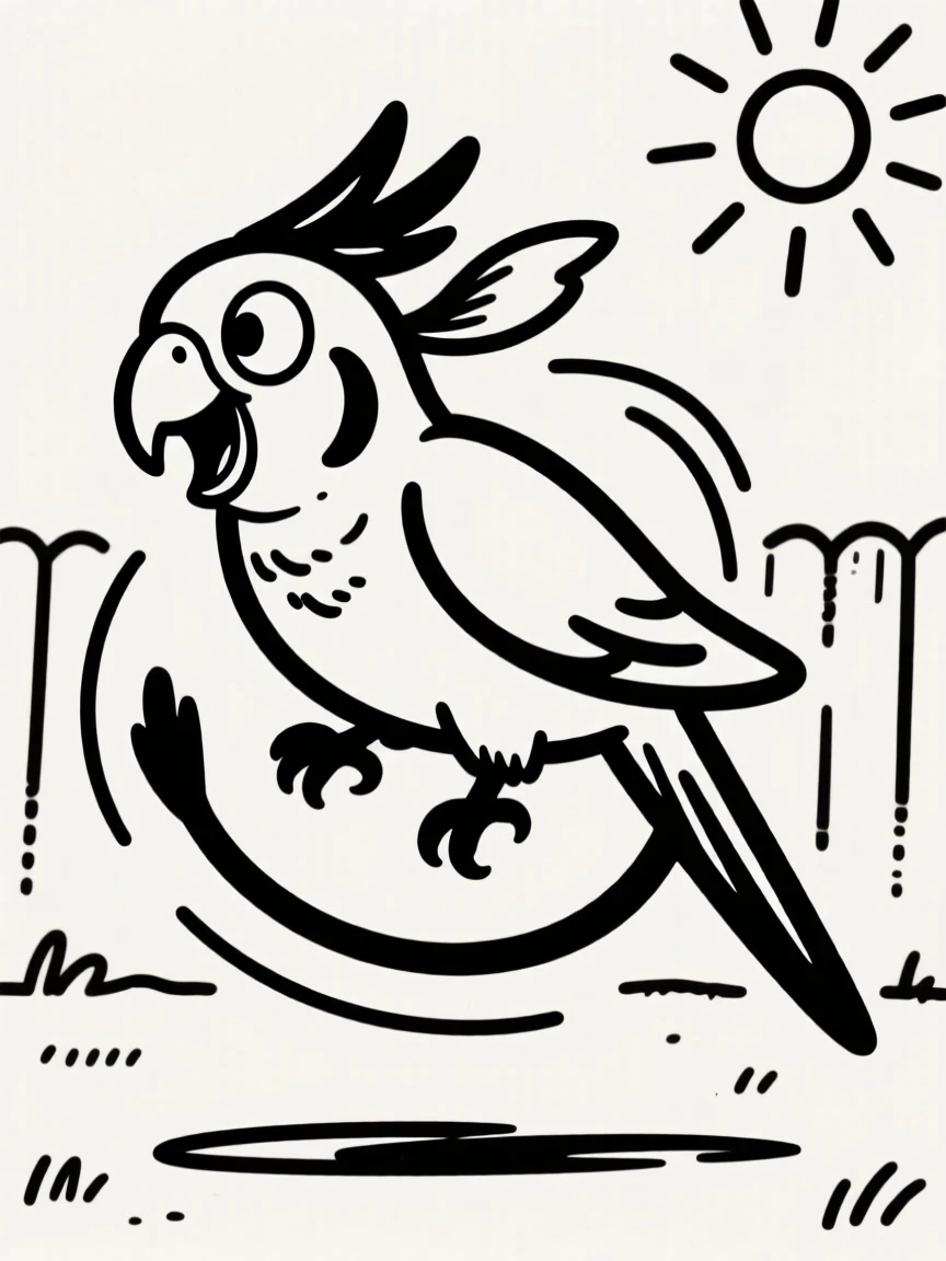 A parakeet chasing its own tail in a sunny backyard, ears flopping mid-spin.