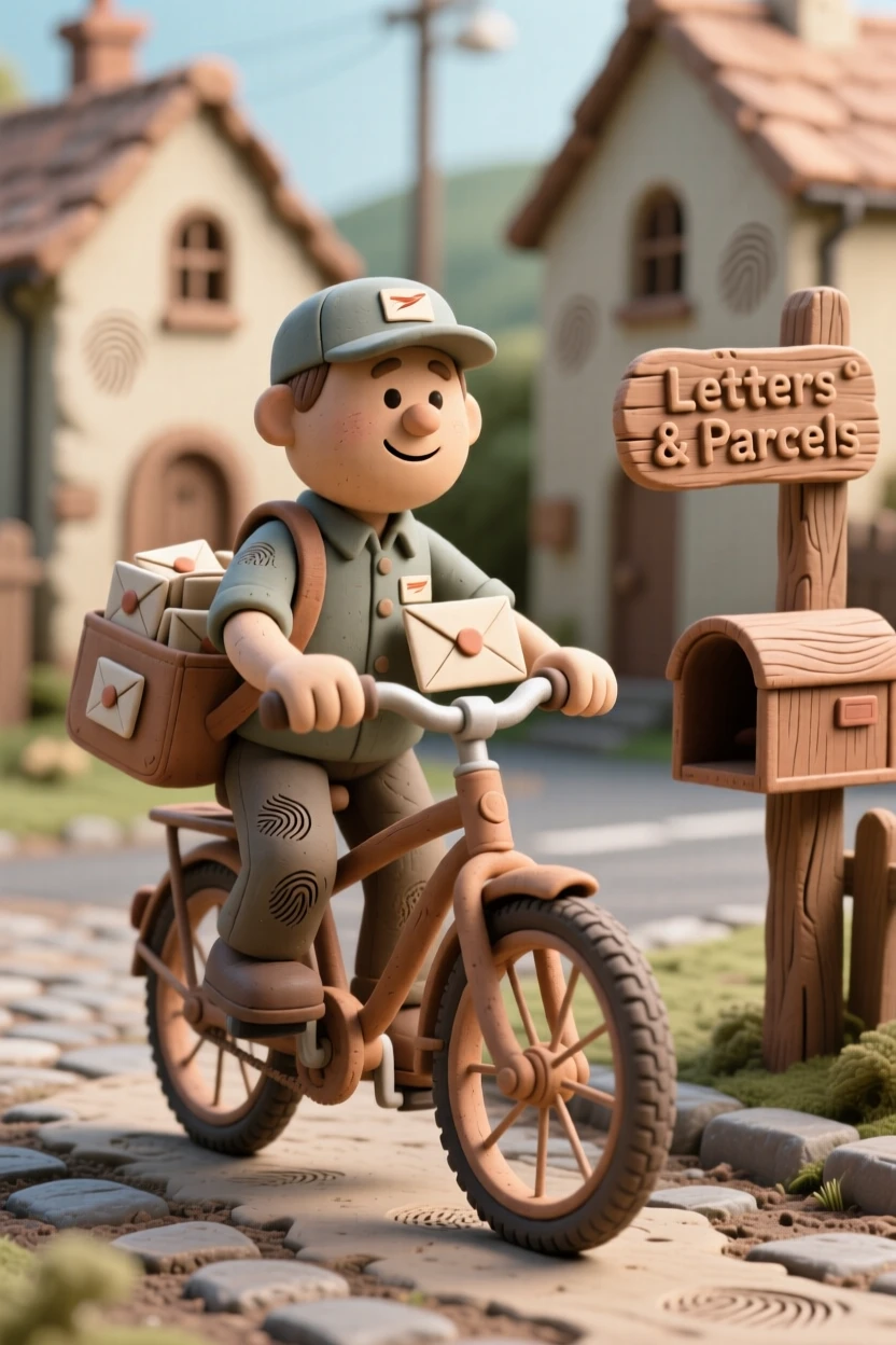 A postal carrier delivering letters on a bicycle through a quiet village