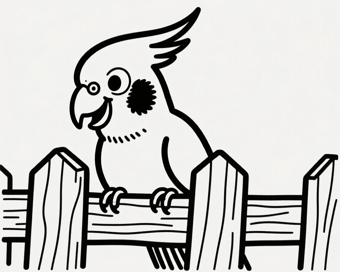 A cockatiel peeking through a fence with a mischievous grin.