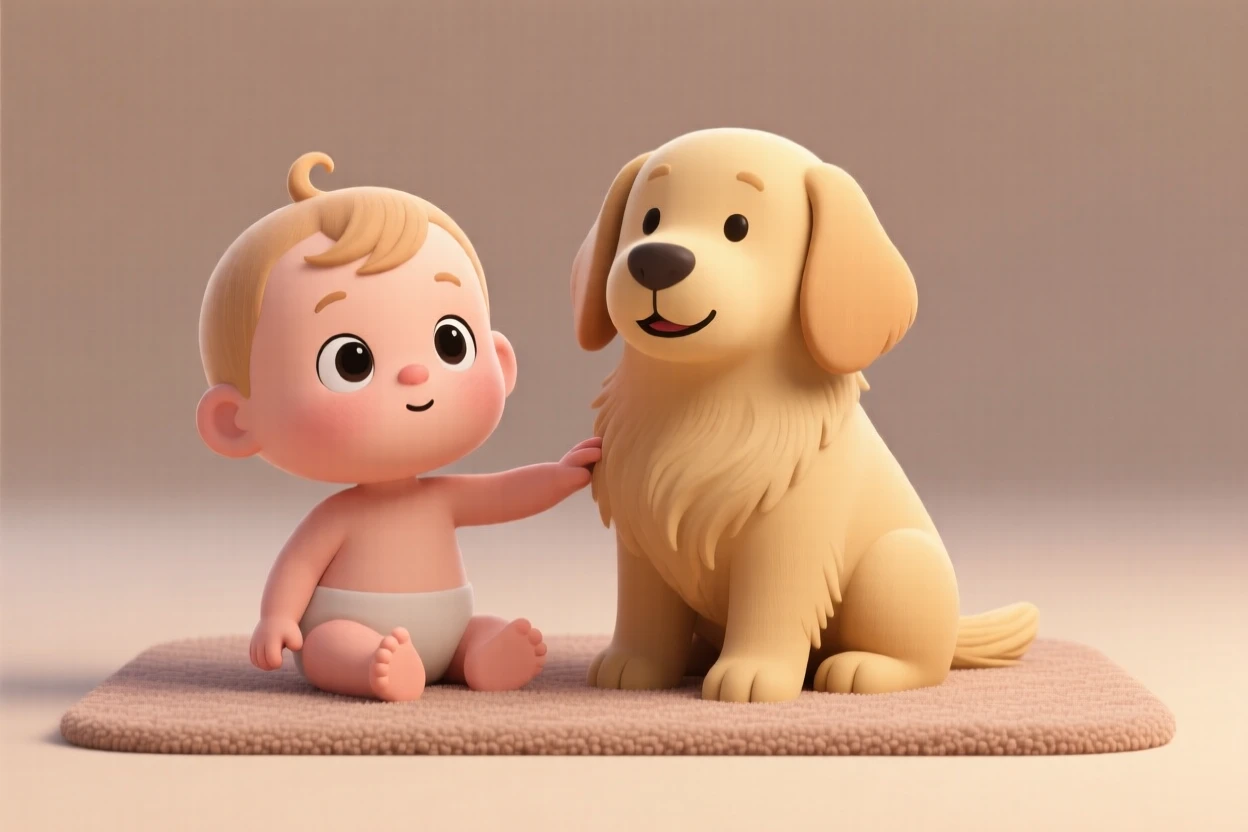 A curious baby girl pats a gentle golden retriever's fur, both seated together on a cozy living room carpet.