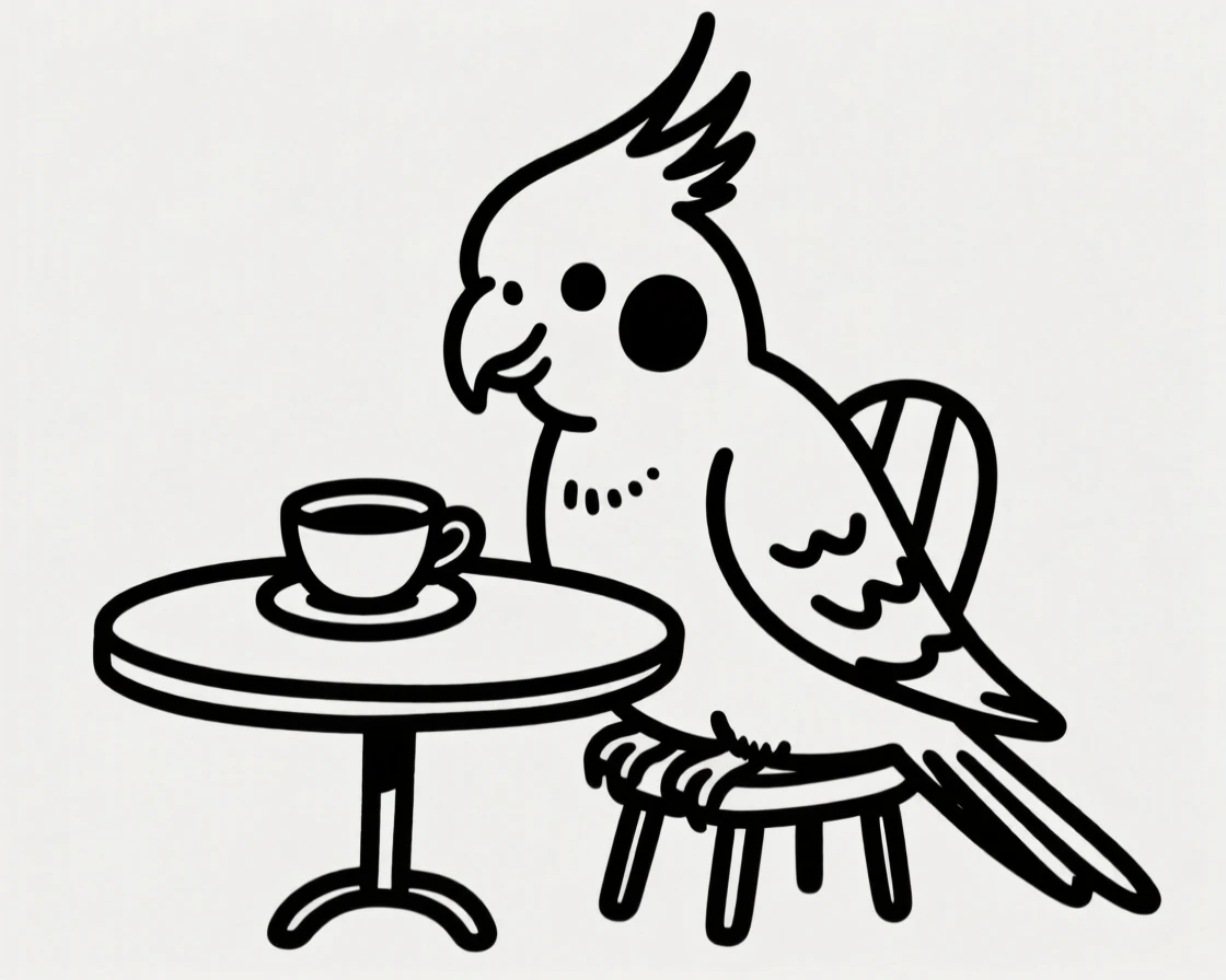 A cockatiel sitting at a tiny table with a teacup, having a pretend tea party.