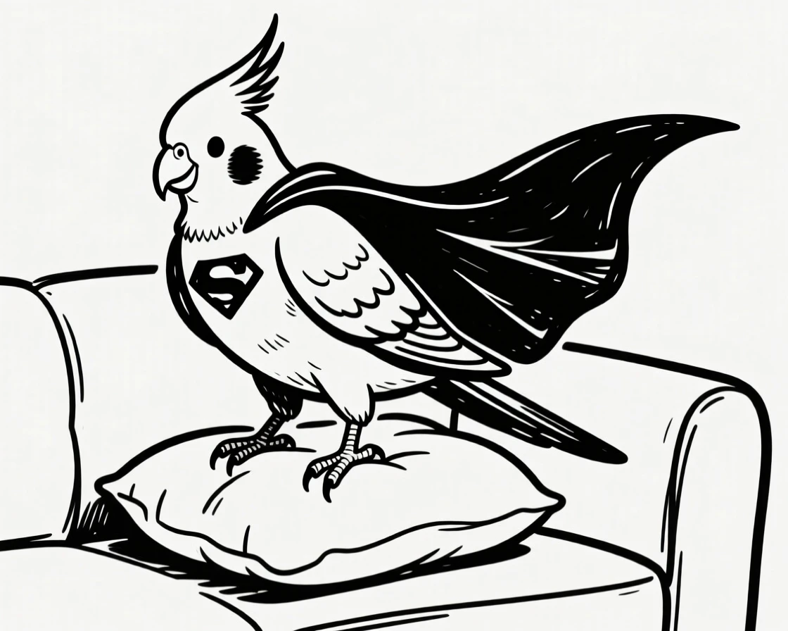 A cockatiel dressed in a superhero cape, standing heroically on a couch cushion.