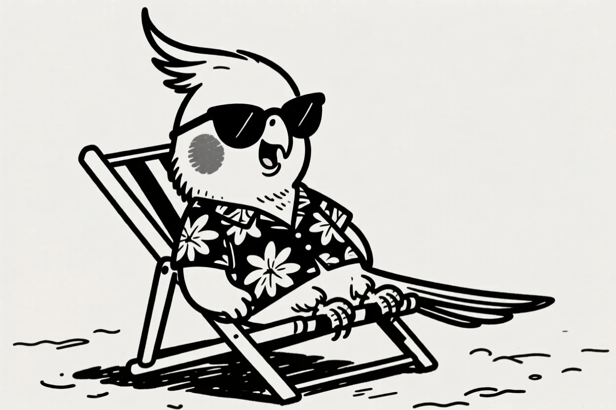 A cockatiel wearing sunglasses and a Hawaiian shirt, lounging in a mini beach chair.
