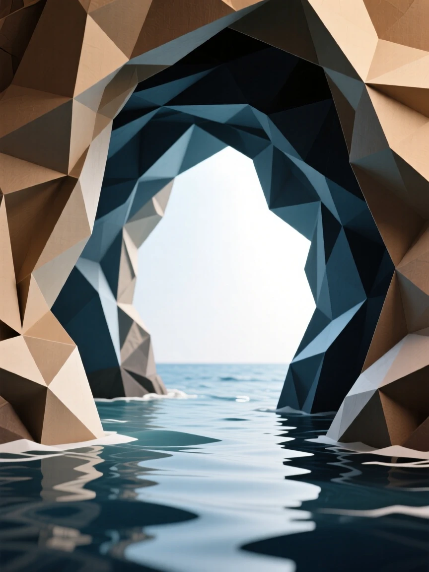 A dramatic sea cave with light streaming through a natural rock archway onto calm water.