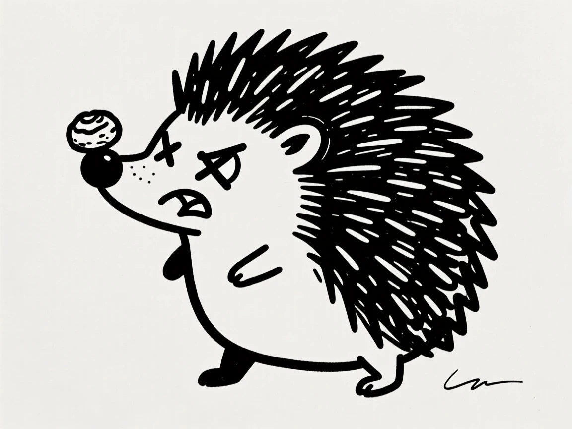 A hedgehog balancing a treat on its nose, eyes crossed in concentration.