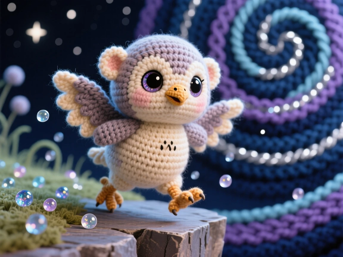 A charming portrait of a small baby griffin fledgling, testing its wings for the first time, hopping along the edge of a cliff beside a scattering of shimmering dewdrops in a starlit meadow beneath a swirling night sky, conveying playful whimsy and lighthearted charm.