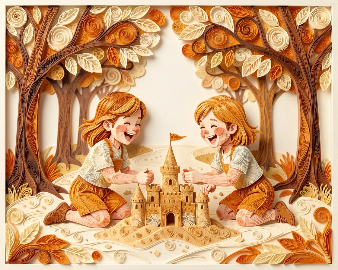 A heartwarming moment of two siblings building a sandcastle together at the beach on a tree-lined path in a city park, in soft, cozy tones of amber and cream, captured mid-laugh in a candid, joyful moment.