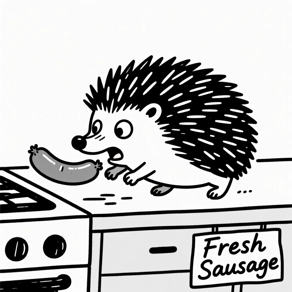 A hedgehog stealing a sausage off a kitchen counter, caught in the act.