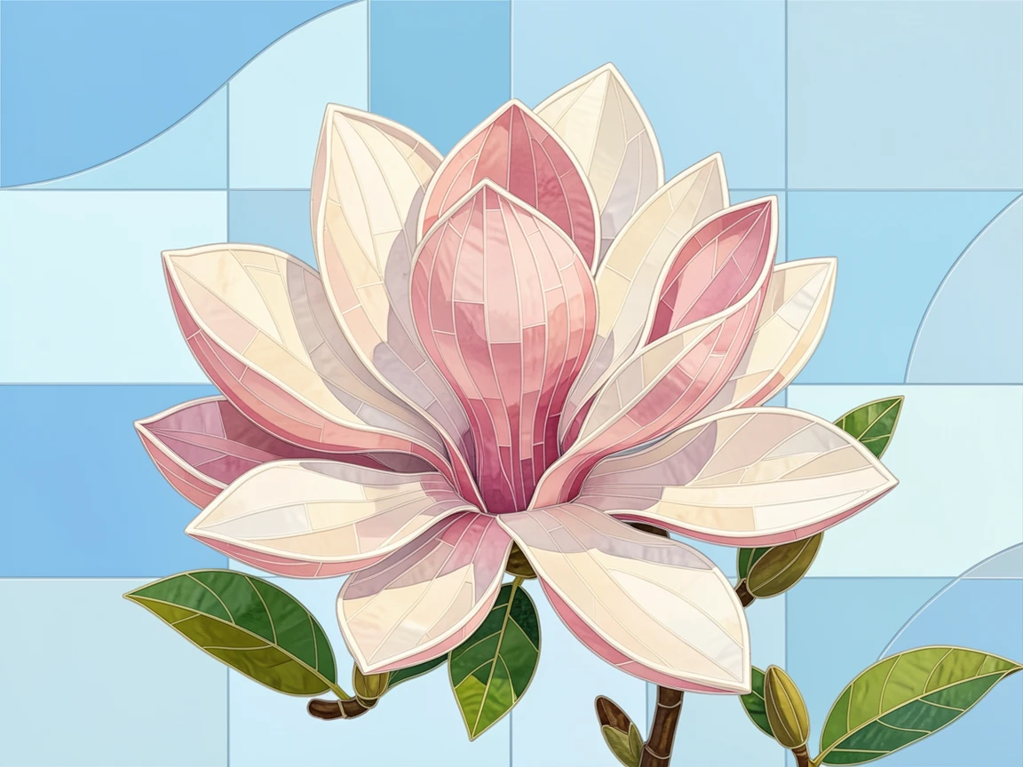 A close-up macro view of a magnolia tree in full bloom against a clear spring sky, showing intricate petal texture and delicate detail.