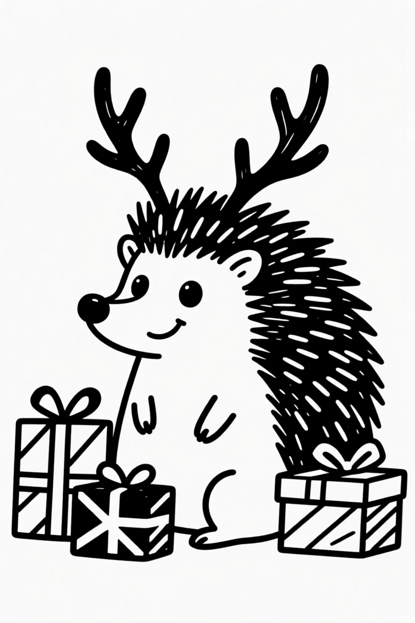 A hedgehog wearing reindeer antlers, sitting beside wrapped holiday gifts.